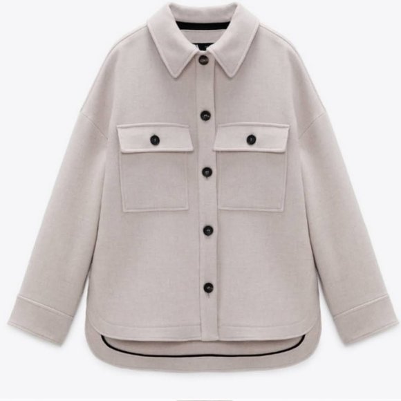New Zara Oversized Manteco Wool Blend Overshirt Jacket Shacket In Stone NWT Sz L - Picture 2 of 9